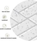 Close-up van glanzende witte tegels met waterdruppels. Kenmerken: Geurvrij, Kleurvast, Water- & olieproof, Makkelijk schoon te maken.