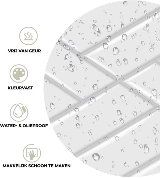 Close-up van glanzende witte tegels met waterdruppels. Kenmerken: Geurvrij, Kleurvast, Water- & olieproof, Makkelijk schoon te maken.