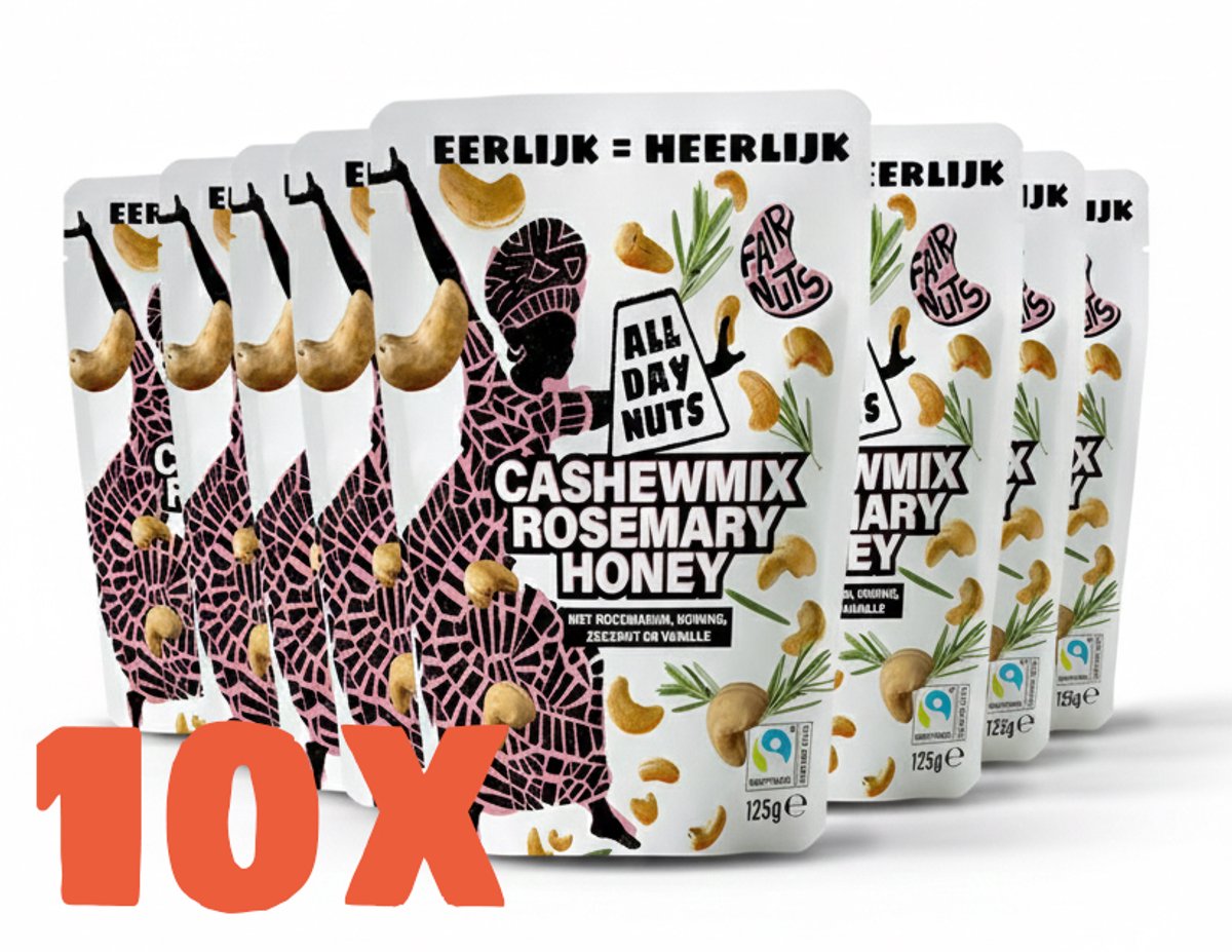 All Day Nuts - noodpakket 1,25KG– 10 x 125 g - Cashewmix Rosemary Honey – Gezonde Snack met Rozemarijn & Honing – 100% Natuurlijk & Biologisch – Energieboost voor Borrel, Feest & Onderweg - hersluitbare zak (RM 125 10)