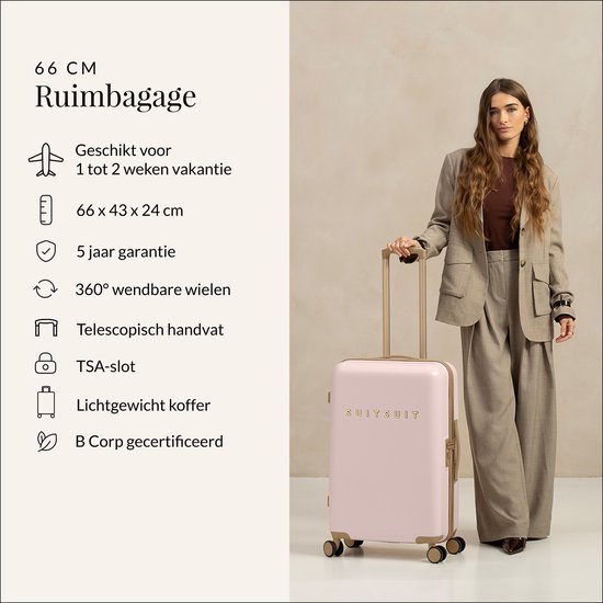 SUITSUIT Reiskoffer 66x43x24 - Reiskoffer met wielen - Lichtgewicht koffer - Veilig TSA cijferslot - 59L koffer inhoud - Fusion Reiskoffers Rose Pearl - Roze