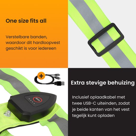 Detailfoto's van een neongeel R2B hardloopvest, met verstelbare banden, USB-C oplaadkabel en het bedieningspaneel.
