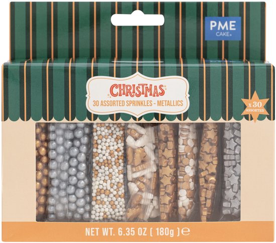 PME Christmas Sprinkles verpakking met 30 assortiments sprinkles in metallic tinten.