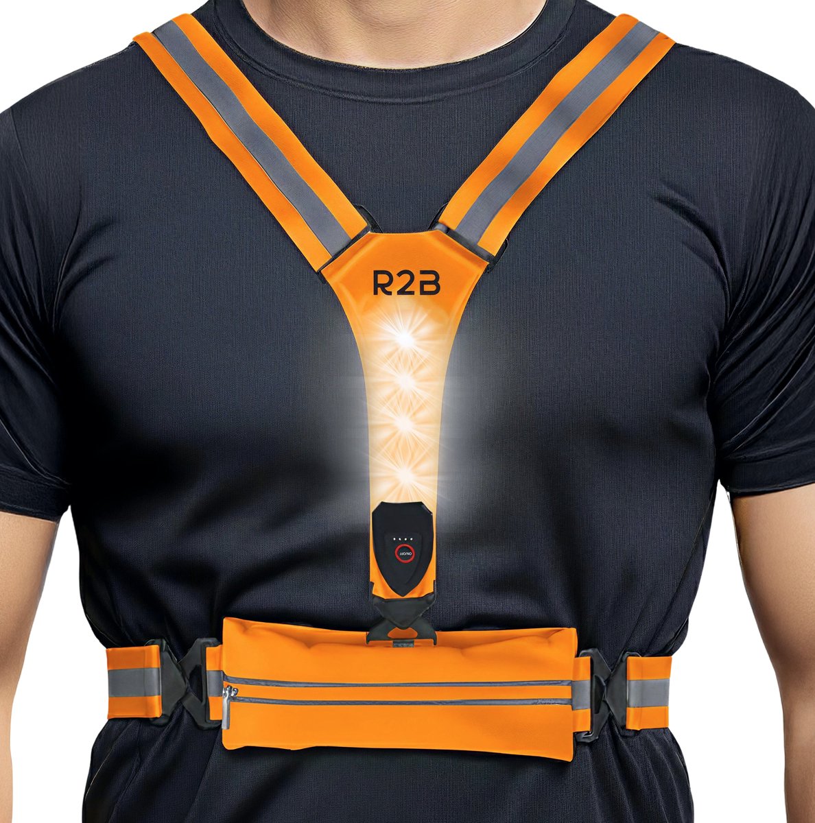 R2B Hardloopvest met Verlichting en Opbergvak - USB-C Oplaadbaar - Wandel & Hardloop Verlichting aan Voor- en Achterkant - Reflecterend Running Vest / Running belt - Loopvest Dames & Heren - Oranje