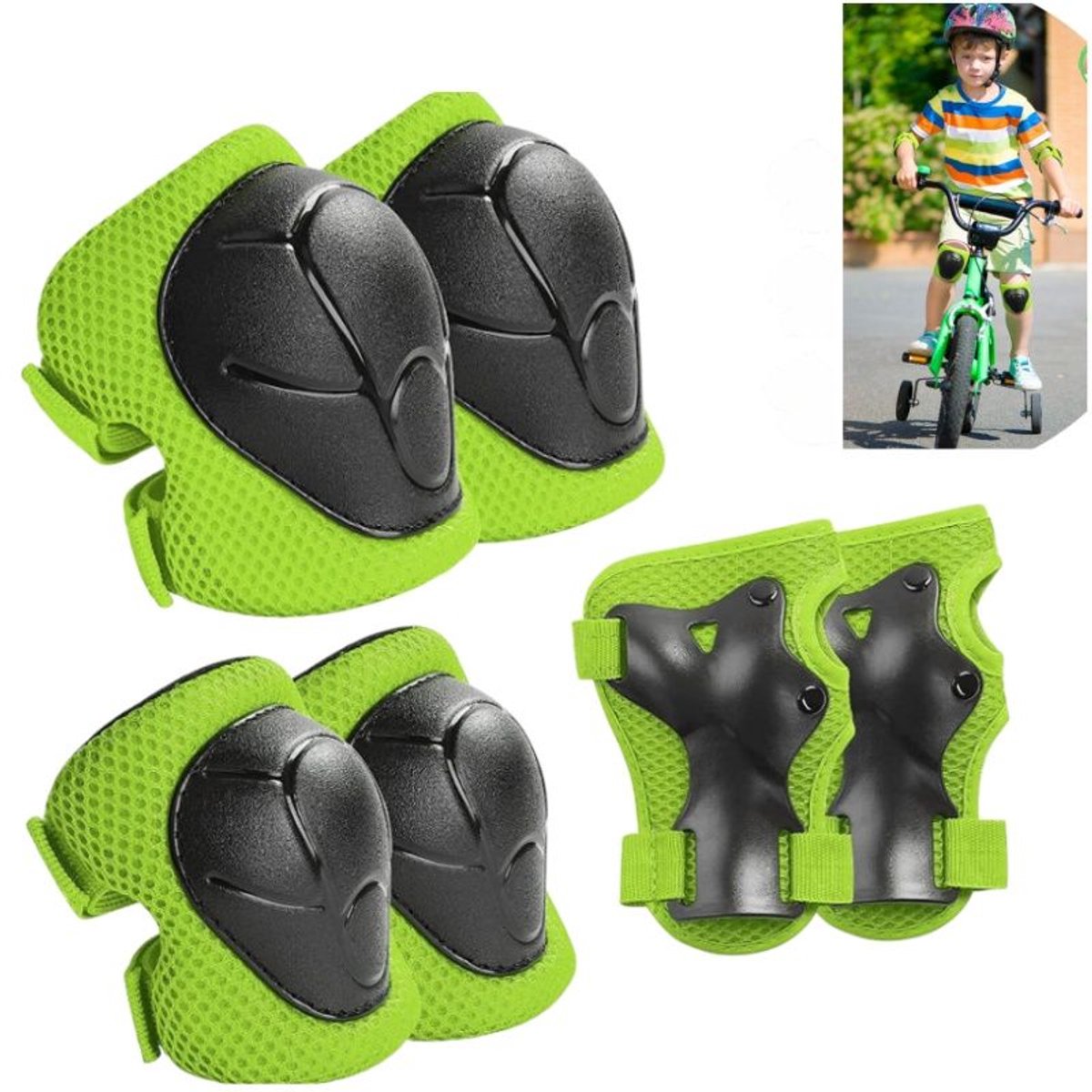 6stuks，Beschermende uitrusting voor kinderen，kinderskateboardbeschermende kleding, geschikt voor schaatsen, fietsen, skateboarden en loopfietsen. Groen. Kniebeschermers 12,5*12,8 cm, elleboogbeschermers 10,8*12 cm en handbeschermers 6,5*14 cm.