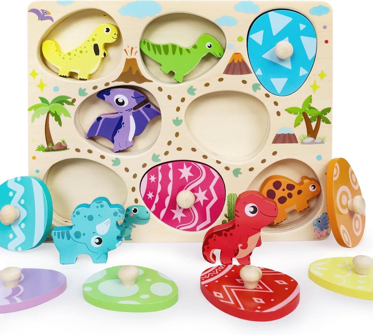 Provento - Montessori houten puzzels en Dino eieren motor speelgoed voor peuters, jongens en meisjes 1-3 jaar, sorteren spel voor verjaardag Kerst Pasen cadeau