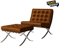 Barcelona Chair + Hocker - Vintage Bruin - Fauteuil - Stoel - Luxe Variant