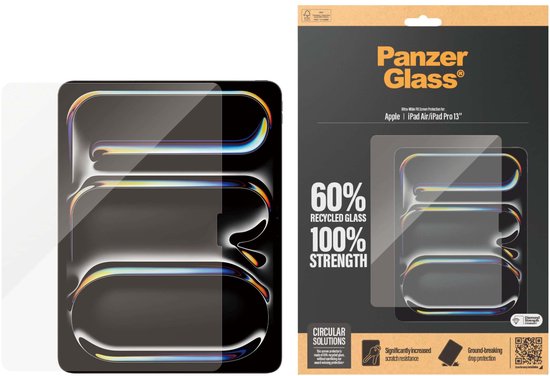 Verpakking met een schermprotector en de tekst 'PanzerGlass' en '60% recycled glass'.