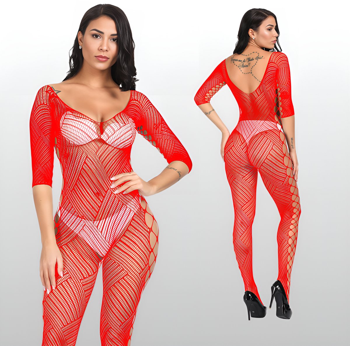 Rode Catsuit met Open Design - Sexy Lingerie - Visnet - One Size S-L (36-40) | LS390