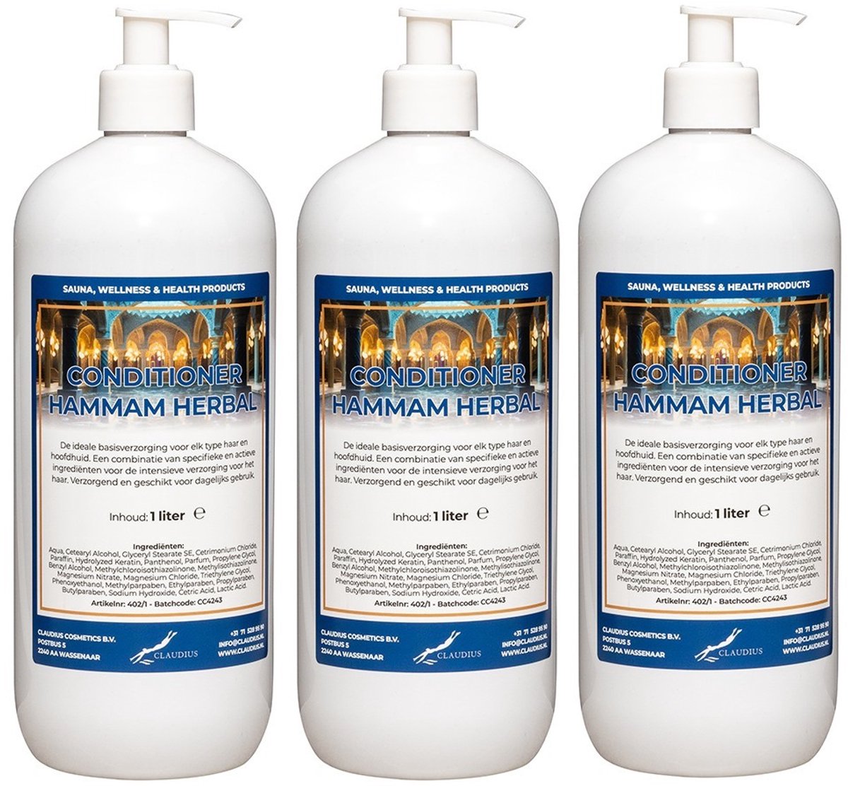 Hairconditioner Hammam Herbal 1 liter met 3 witte pomp - set van 3 stuks