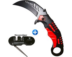 TECQX Dragon Karambit Extreme - Opvouwbaar - Discreet - Survival Mes - Messenslijper - Inclusief Luxe Cadeauverpakking - Tactical knife - 20cm - Broekclip - Vlijmscherp - RVS - Rood/Zwart