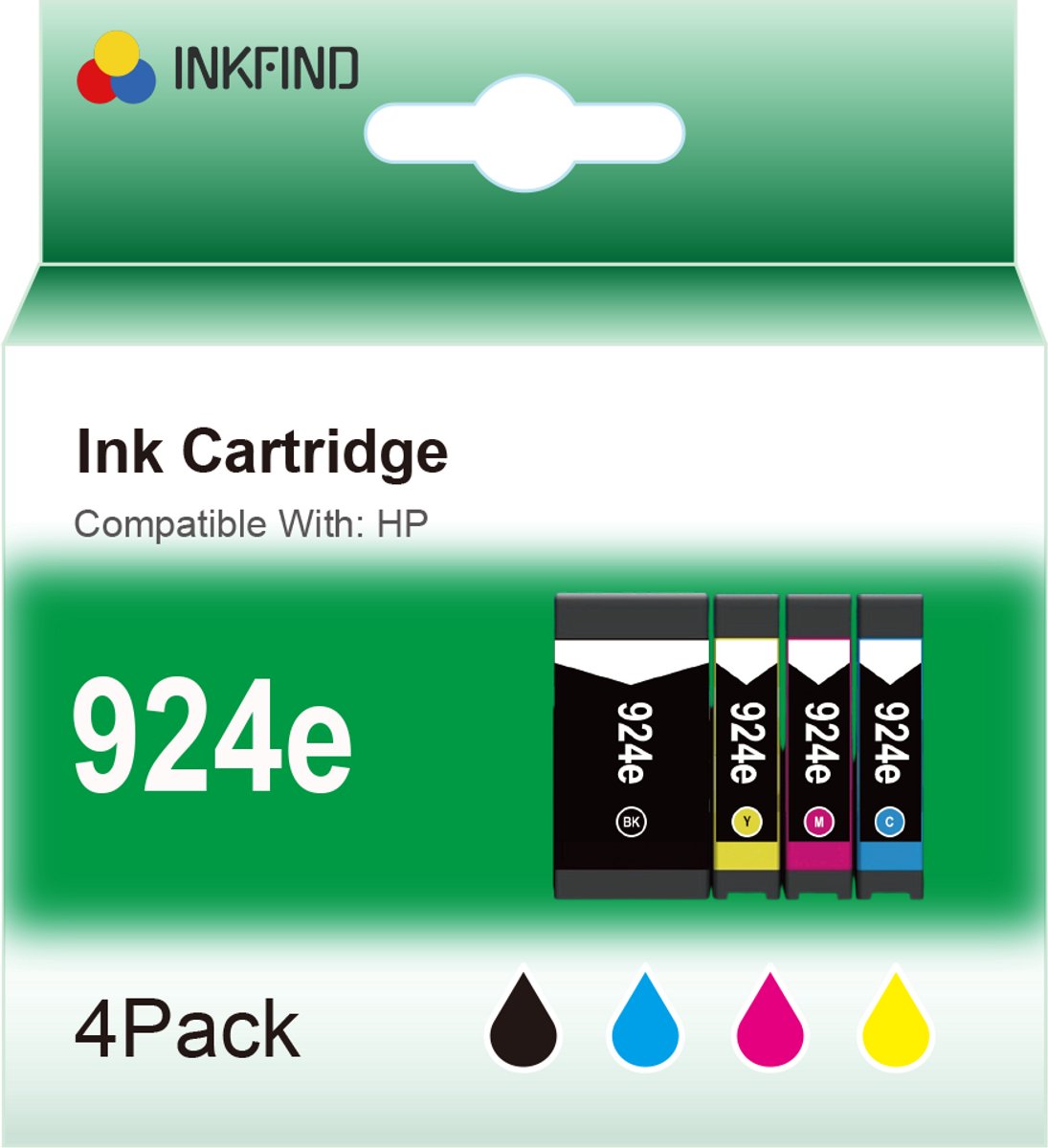 INKFIND 924e Zwart/Cyaan/Magenta/Geel (Evomore) inktcartridge compatibel met HP 924 924e 4K0V0NE 4K0U7NE 4K0U8NE 4K0U9NE 6C3Z1NE 4K0U3NE 4K0U4NE 4K0U5NE 4K0U6NE 4 Pack geschikt voor HP OfficeJet Pro 8120/8130 series -4-pack Zwart/Cyaan/Magenta/Geel