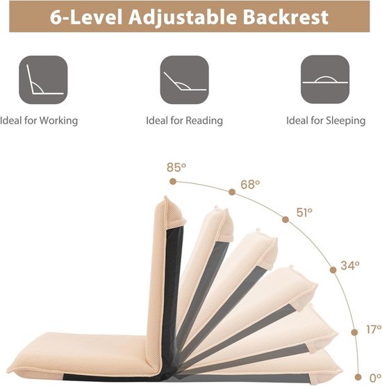 Verstelbare Vloerstoel met Rugleuning - Comfortabele Meditatie & Yoga Stoel - Opvouwbare Stoel voor Binnen en Buiten (Beige) — afbeelding 5