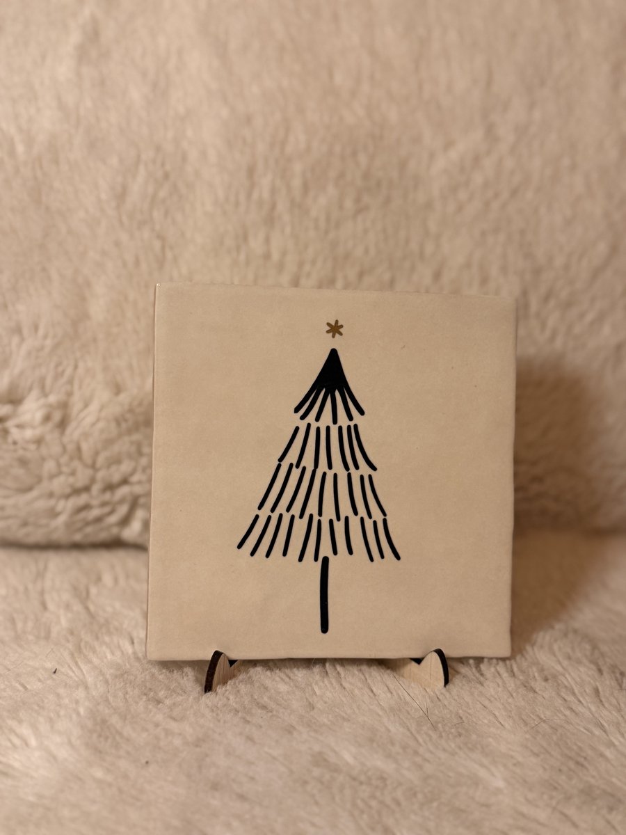 Kerst Tegeltje 13×13 cm – Beige – Kerstboom – Kerstdecoratie Cadeau