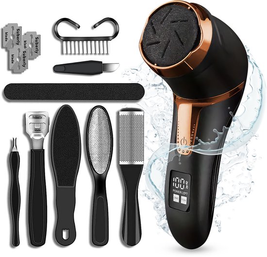 BellaLine – Elektrische Eeltverwijderaar Zwart Goud – Oplaadbare Voetschraper - Vacuümfunctie – 3 Slijpkoppen – Eeltvijl & Elektrische Voetvijl – Callus Remover – Pedicure Apparaat – Wet & Dry – Inclusief Pedicure Set – Professionele Eeltverwijdering