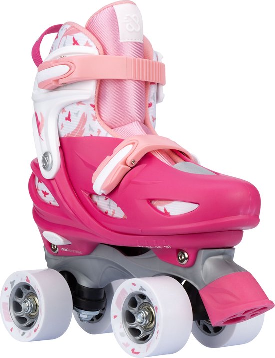 Roze rolschaats met vogel- en verenprint, witte details en grijze zool.