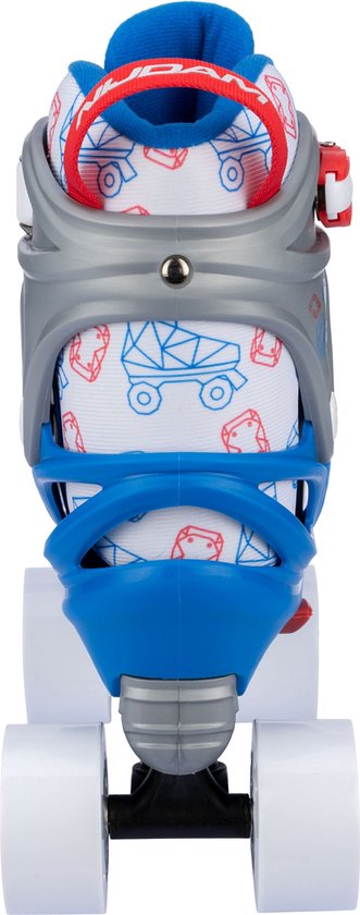 Blauwe rolschaats met witte binnenvoering met een geometrisch patroon van auto's en diamanten.