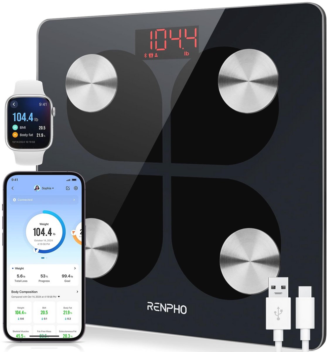 Bluetooth Oplaadbare Lichaamsvetweegschaal met Smart BMI en Lichaamssamenstelling Monitor