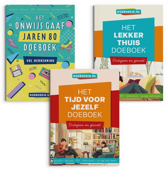 Tijd voor Jezelf + Onwijs Gaaf Jaren 80 + Lekker Thuis Doeboek - voor volwassenen - puzzelen, quizzen, hersenkrakers, escapespellen/detectives, spelletjes - voordeeltrio, brievenbus cadeau