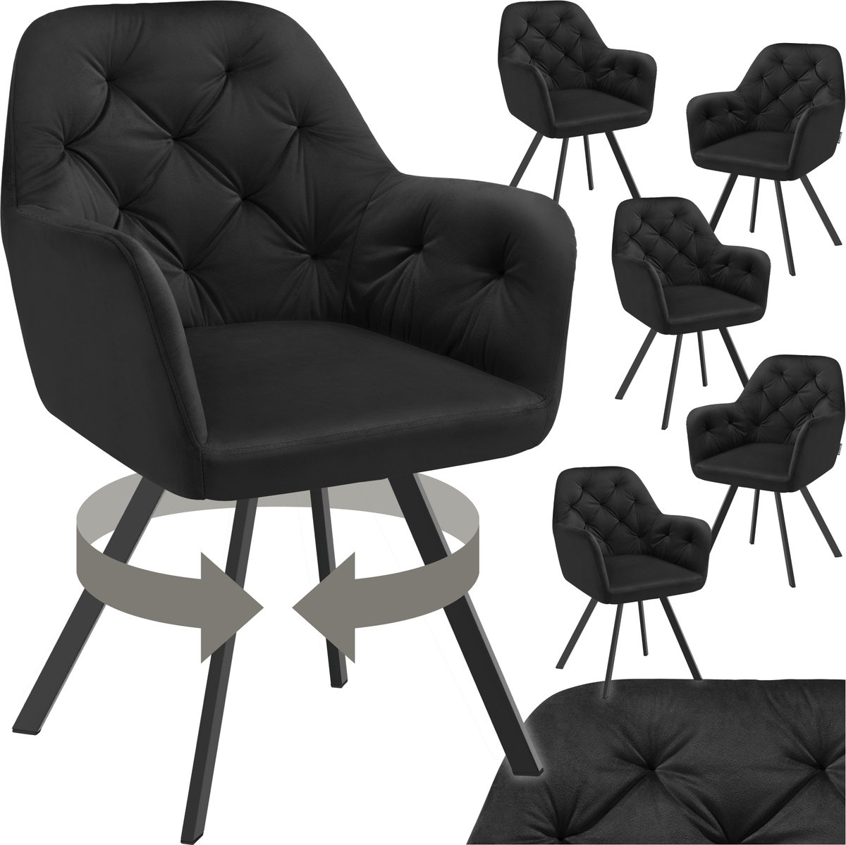 Tectake Draaistoel Fluweellook – Eetkamerstoel met Armleuningen – Ergonomische Zitting en Rugleuning – 180° Draaibaar – Moderne Stalen Poten – Set van 6 – Zwart