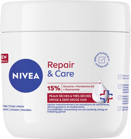 NIVEA Repair & Care crème pot met 15% glycerine, provitamine B5 en niacinamide. Voor droge tot zeer droge huid.