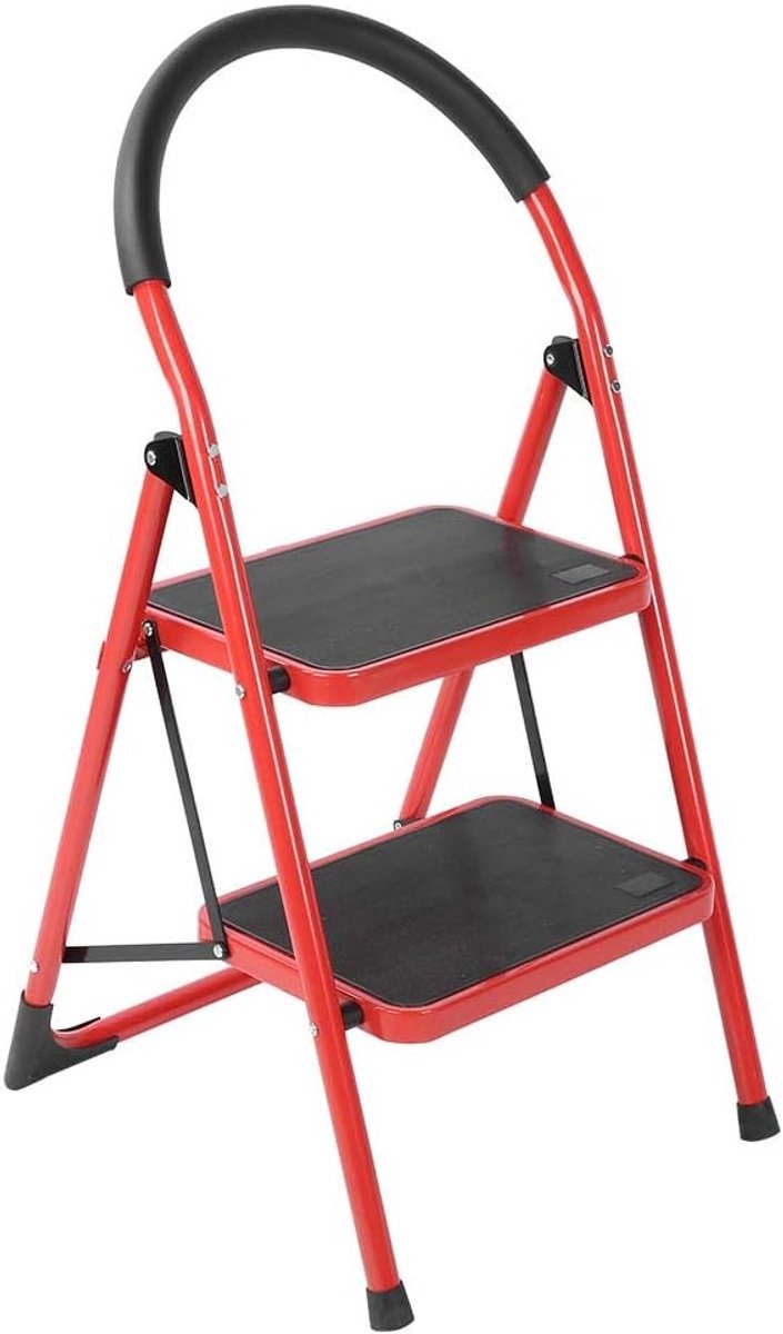 Borvat® Opvouwbare stalen trapladder – Stevige huishoudtrap – Ladder met 2 treden – Antislip ontwerp – Compact opstapje – Stabiel hulptrapje – Veilige trapladder-Rood – foto 5