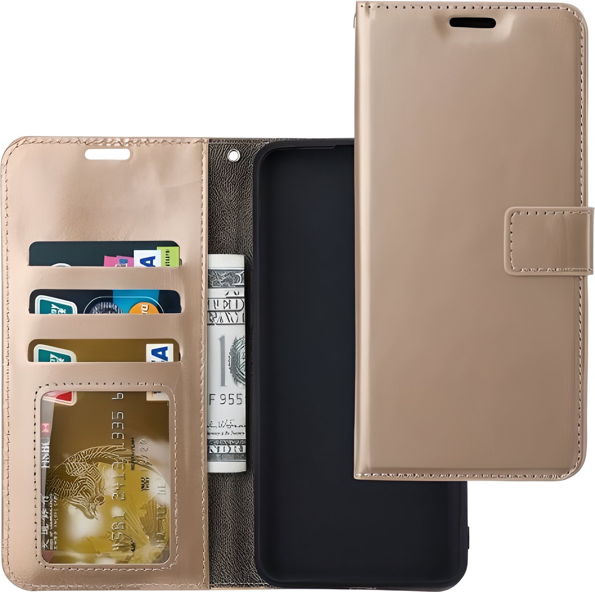 Bookcase Geschikt voor: iPhone 16E - Goud - portemonnee hoesje - Book Cover