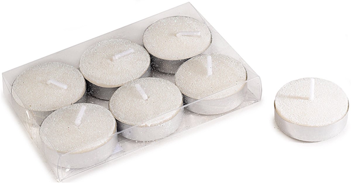 Glitter Waxinelichtjes/Theelichtjes Wit - 6 stuks Ø 3.5 x 1 cm - in transparante box - Kerst - kaarsen