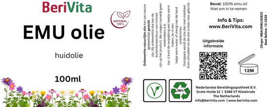 BeriVita Emu olie 100ml, huidolie. Met bloemenrand en productinformatie.