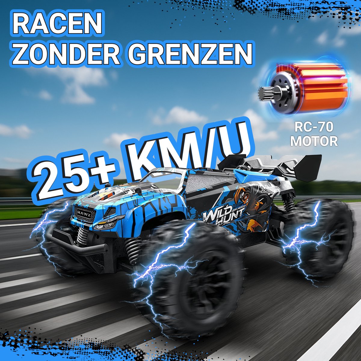 HAWX R70 Bestuurbare Auto - RC Auto - Race Auto - Monstertruck - Afstandsbestuurbare Auto - Volwassenen en Jongens - Voor Buiten - Incl. 3 Batterijen, 8 Verkeerskegels — afbeelding 6
