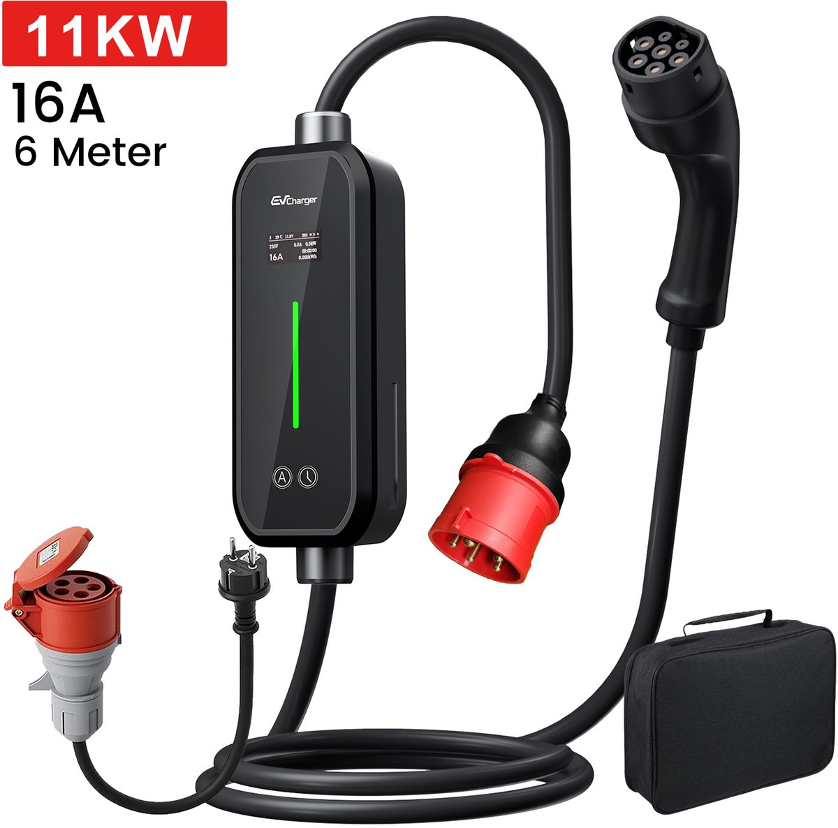 Hexinex Draagbare 11kW 3-Fase EV Laadkabel - Snelladen met LCD Scherm