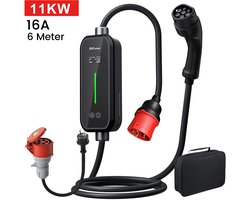 Hexinex Draagbare 11kW 16A 6M 3-Fase EV Laadkabel - Type 2 Laadpaal ,LCD Scherm, Schakelbare stroom, 1* Adapter - IEC62196-2 & IP65 - Opladen kan tot 15 uur van tevoren worden gereserveerd.