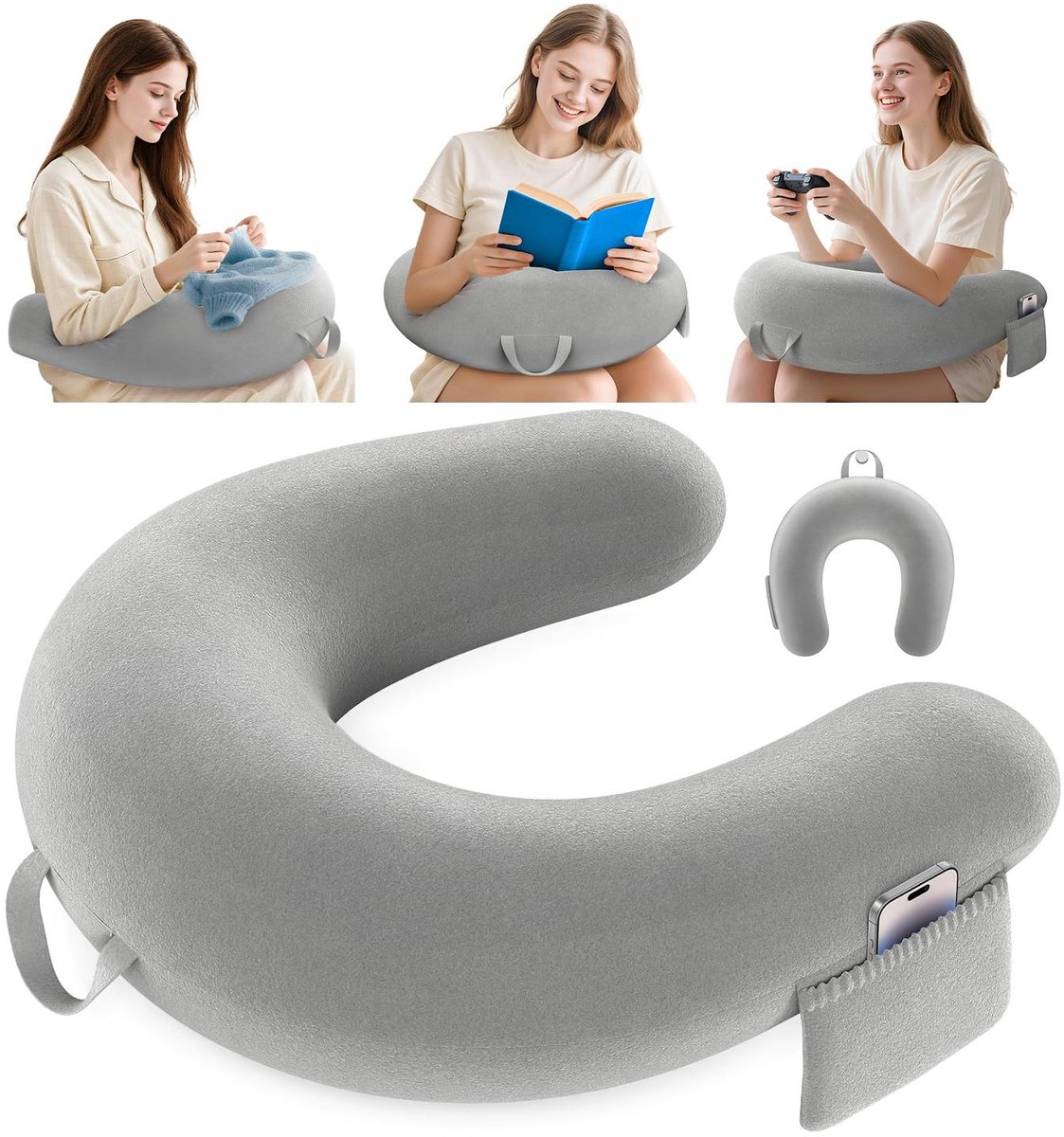 U-Vormig Kussen - Haakkussen - Ergonomische Steun Voor Lezen En Gamen - 1 Stuk - Voor Alle Lichaamstypes Grijs