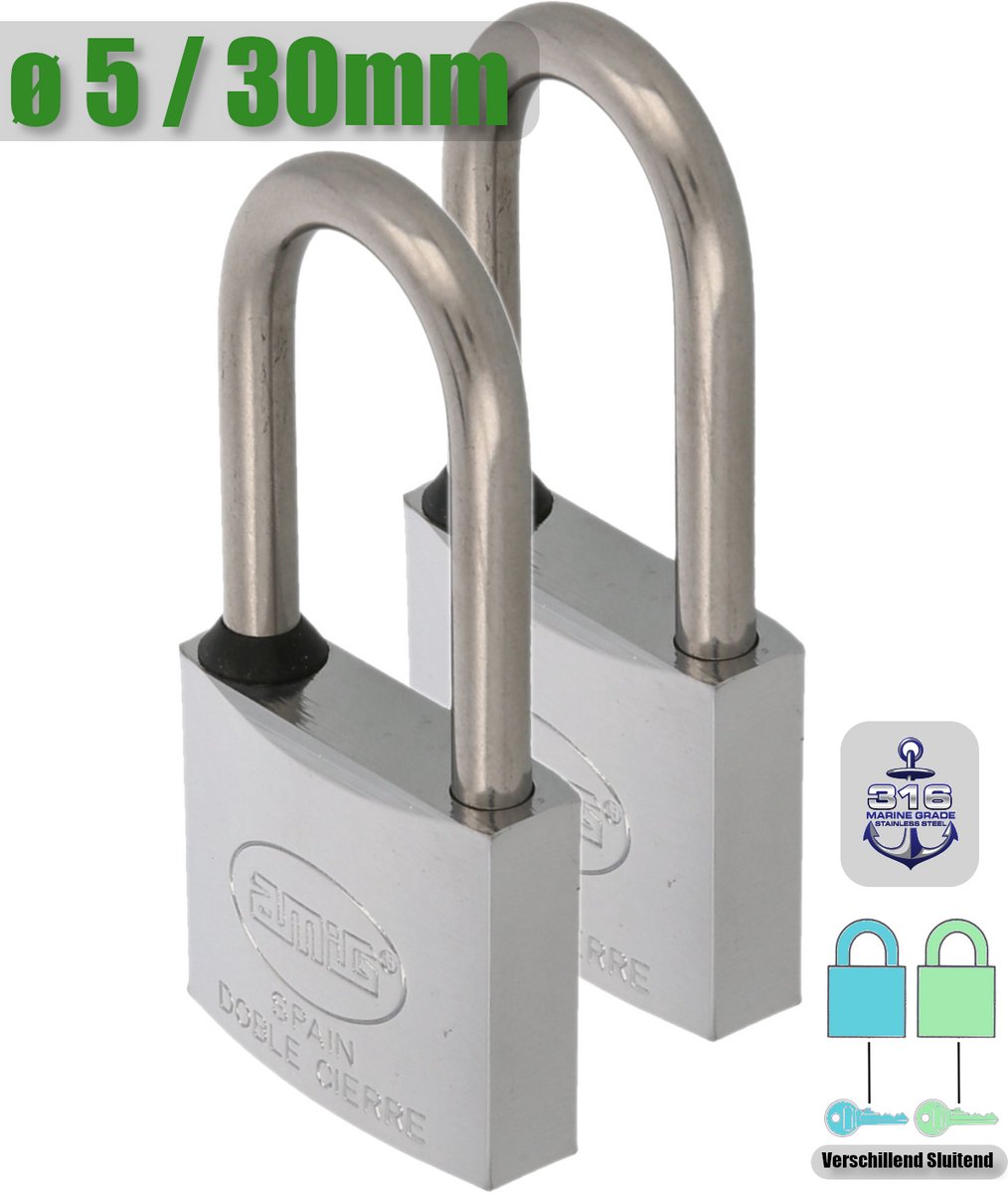 AMIG Hangsloten met Sleutel Ø5 / 30x65mm – 100% Roestvrij - Geweldig voor Buiten – Marine Kwaliteit - Messing Verchromt + RVS AISI 316 – Set 2 Stuks