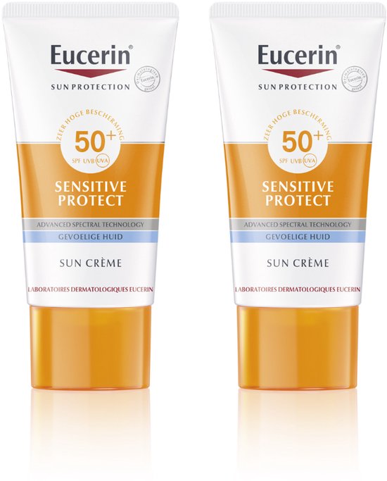 Twee tubes Eucerin Sun Sensitive Protect Crème SPF 50+, met oranje en blauwe accenten.