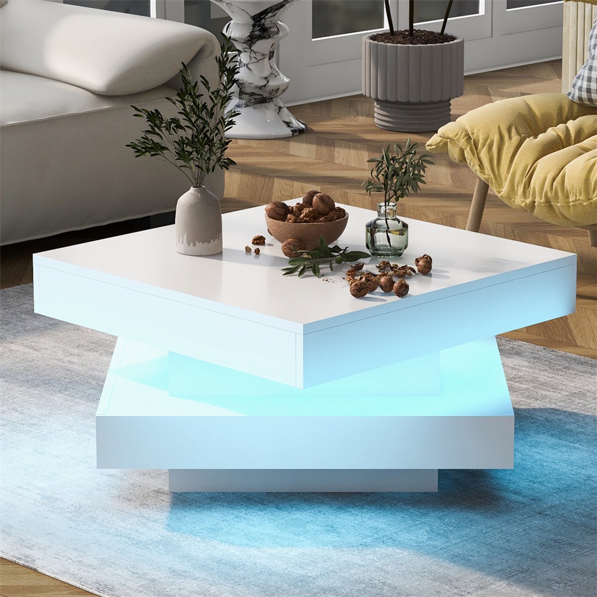 YEHTOKHOME Vierkante Hoogglans Salontafel met 360°Draaibaar Blad - 16-kleurige Ledverlichting - Moderne techno-stijl - 70x70x36 cm - Wit