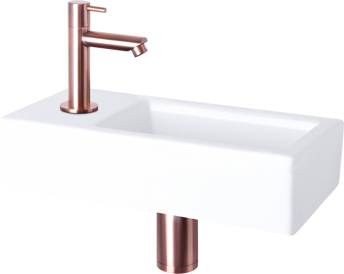 Differnz Helios fonteinset - keramiek wit - koudwaterkraan recht rood koper - kraan links - always open afvoerplug - 37.5 x 18.5 x 9 cm