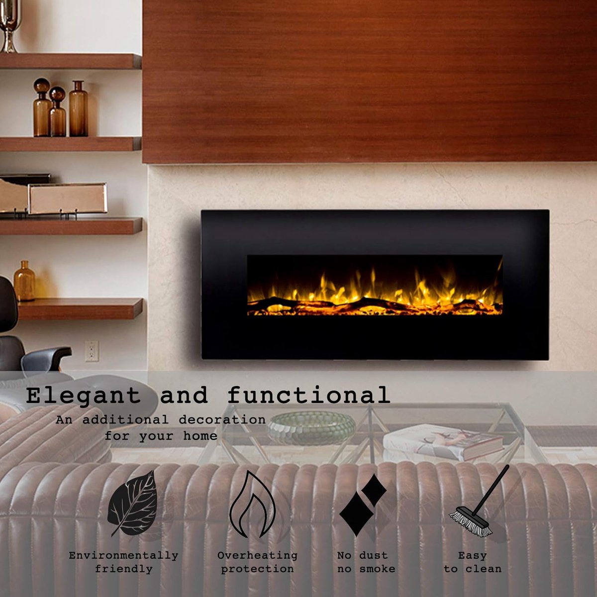 Muurhaard Elektrisch 152 cm – Moderne Kleurveranderende LED Vlam, 3 Decoratieve Media, Afstandsbediening, Glas & Tempered Frame, 1500W Verwarming, Sfeervol & Ruimtebesparend