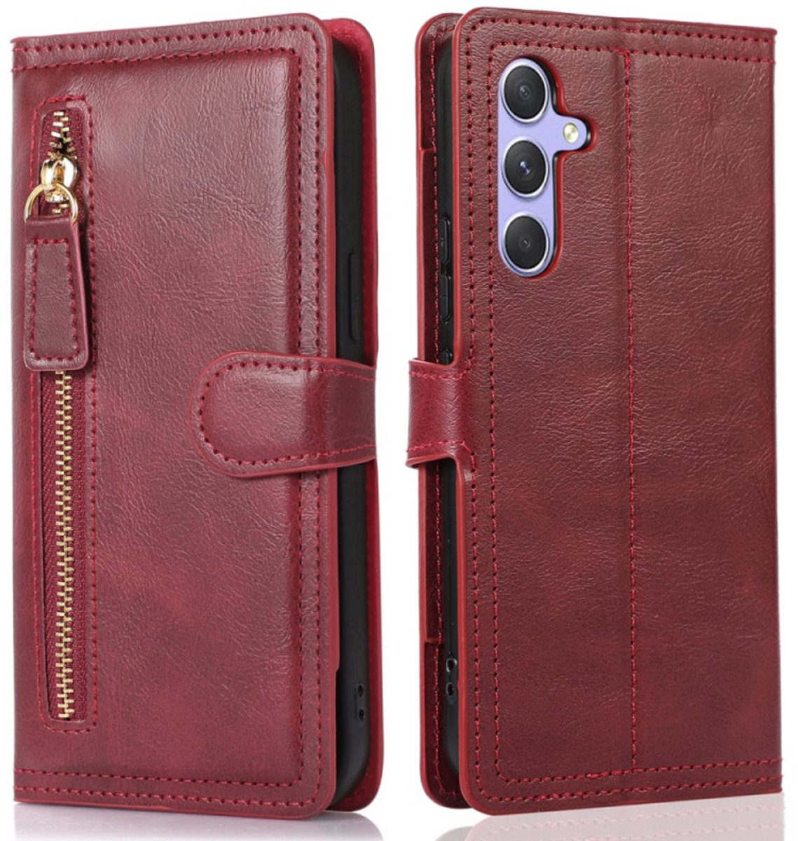 Bookcase Geschikt voor: Samsung Galaxy A36 / Galaxy A56 5G met ritssluiting - Hoesje Flipcover - Magnetisch - 5 kaarten houder - Rood