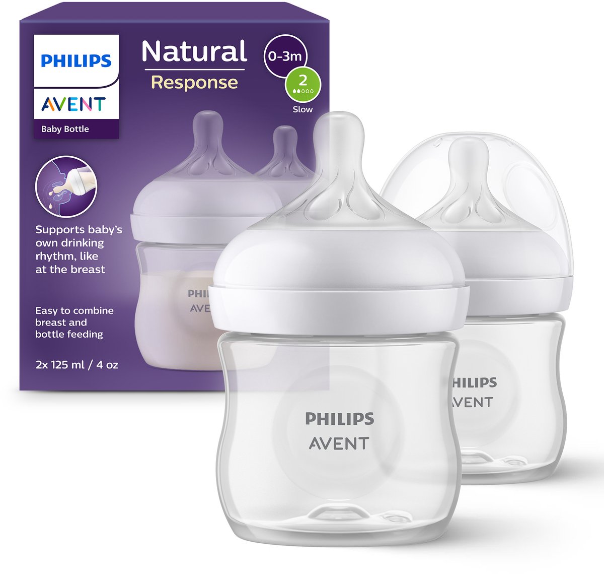 Bol.com Philips Avent Natural Response babyfles 125ml – Flow 2 - 2 flessen - Newborn - SCY900/02 aanbieding