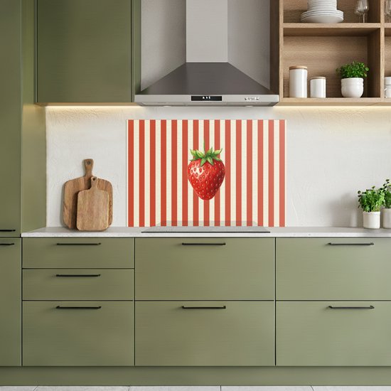 Spatscherm 100x65 cm - Zelfklevende achterwand Aardbei - Strepen - Rood - Keuken muurbeschermer - Spatwand fornuis