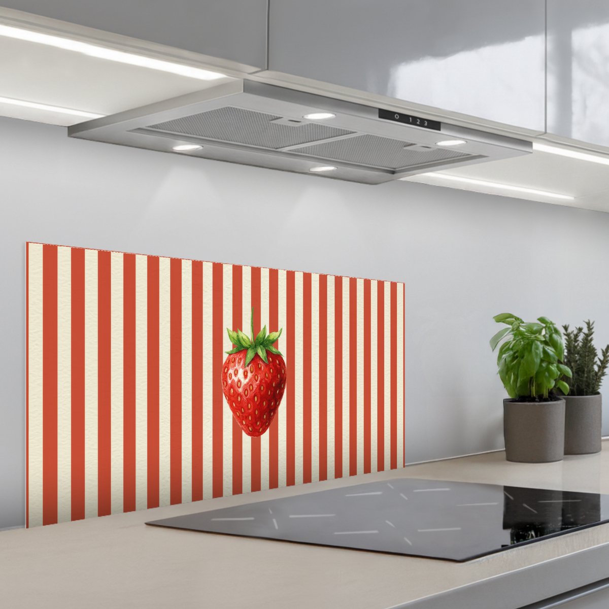 Spatscherm 90x45 cm - Zelfklevende achterwand Aardbei - Strepen - Rood - Keuken muurbeschermer - Spatwand fornuis