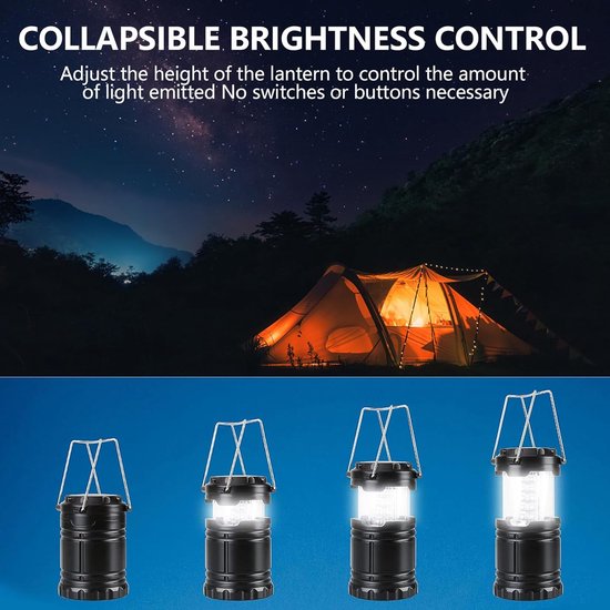 LED-kampeerlamp - Opvouwbare lamp op batterijen - LED-tentlamp, kampeerlamp, wandellamp - Draagbare noodverlichting voor buiten - Zwart - 25*8,5 cm - Telescopisch van Merkloos — afbeelding 3