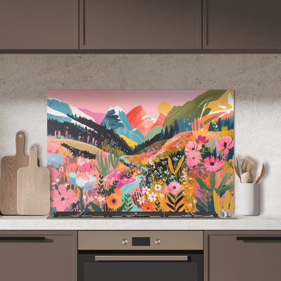 Spatscherm 80x55 cm - Zelfklevende achterwand Rivier - Diepte - Bloemen - Keuken muurbeschermer - Spatwand fornuis