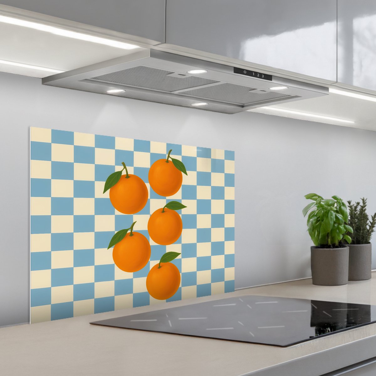 Spatscherm 70x55 cm - Zelfklevende achterwand Sinaasappels - Blaadjes - Geblokt - Blauw - Keuken muurbeschermer - Spatwand fornuis