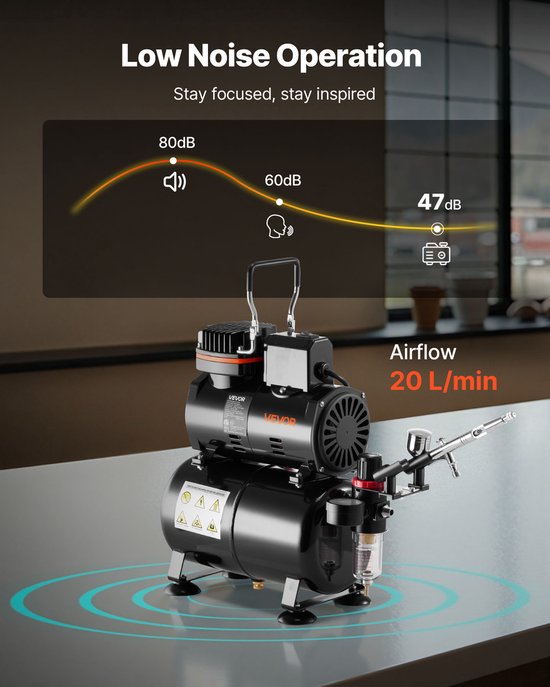 Zwarte luchtcompressor met tank, met grafiek die de geluidsniveaus toont (80db tot 47db).