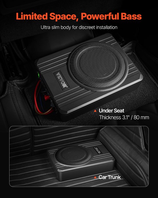Slanke VEVOR subwoofer, 80mm dik, past onder autostoel of in kofferbak. Verticaal voor en achter geplaatst.