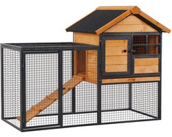 PawHut Konijnenhok Grenenhout, Metaal 122L x 63B x 92H cm Lichtgeel+Donkergrijs