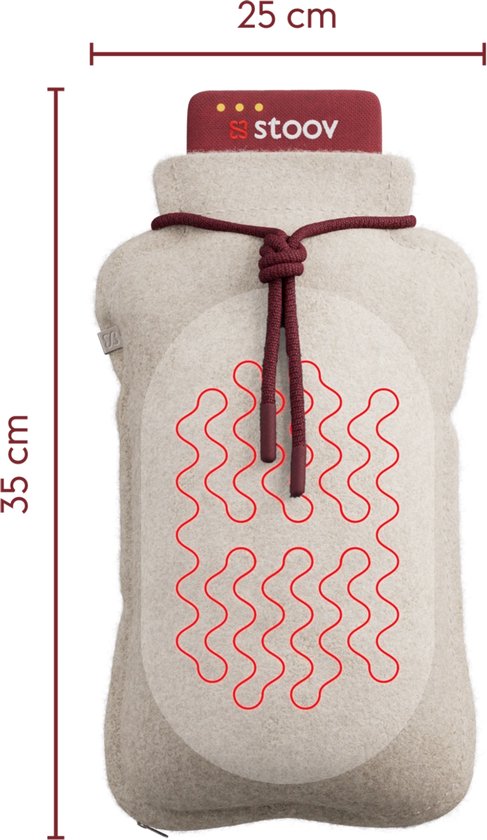 Beige Stoov warmtekruik van 35x25 cm met rood koord en zichtbaar infrarood verwarmingselement.