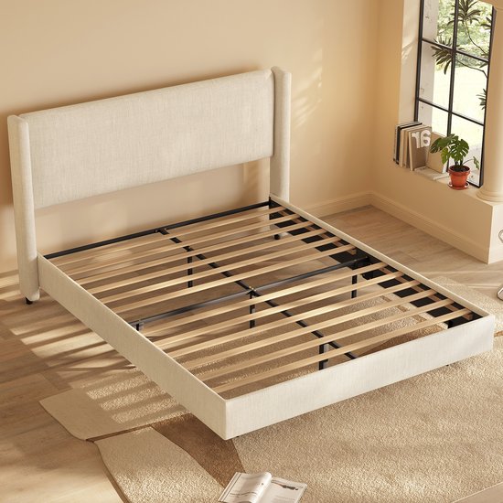 Lit Guyii 160 cm – Cadre de lit double de Luxe avec tête de lit – Tissu aspect lin – Sommier à lattes robuste – Charge maximale : 400 kg – Cadre de lit