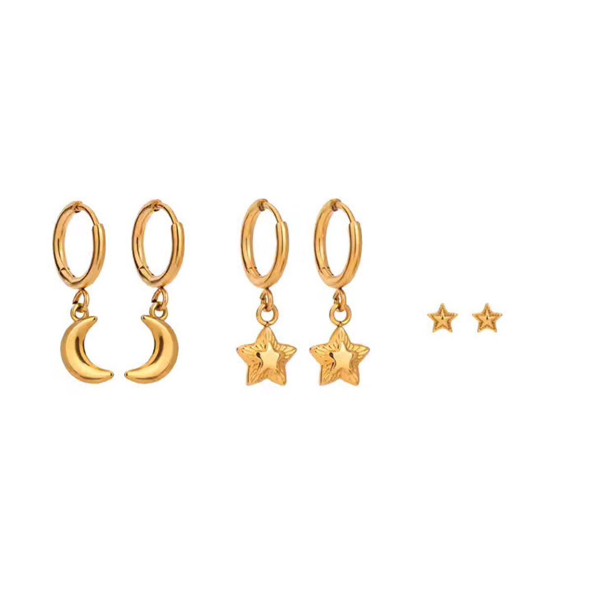 LOUIZ Oorbellen set 3 gaatjes Ster en Maan - Dames oorbellen - Earparty goud - Stainless Steel oorbellen 18 k verguld - Oorbellen ster